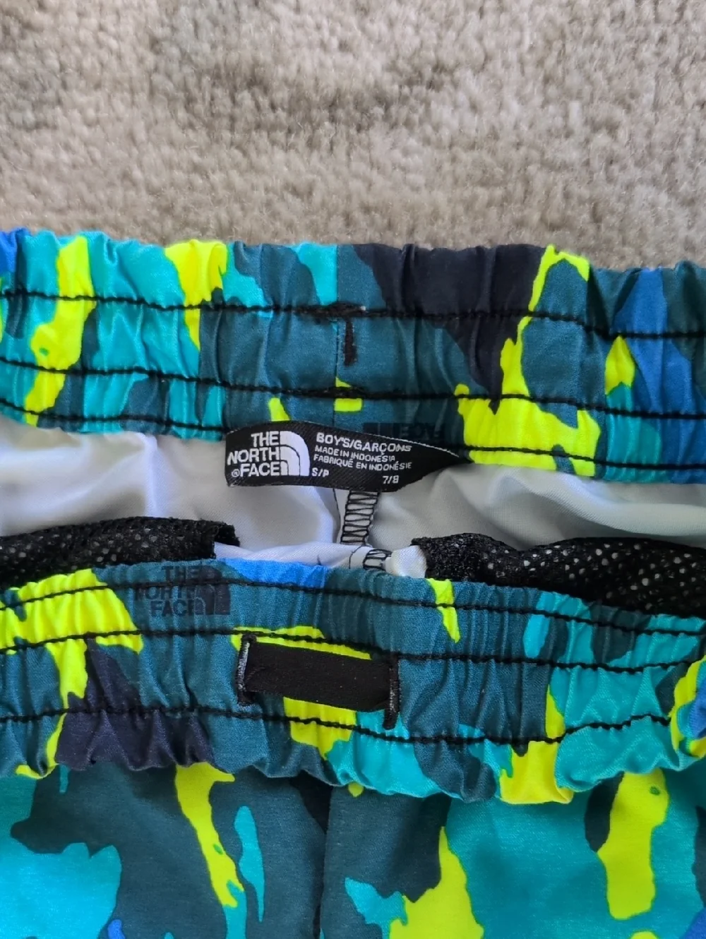 The North Face Blue and Neon Green Camo Athletic Shorts